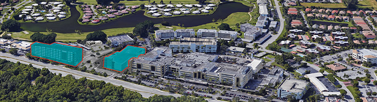 aerial view of hospital campus with highlighted ares of expansion